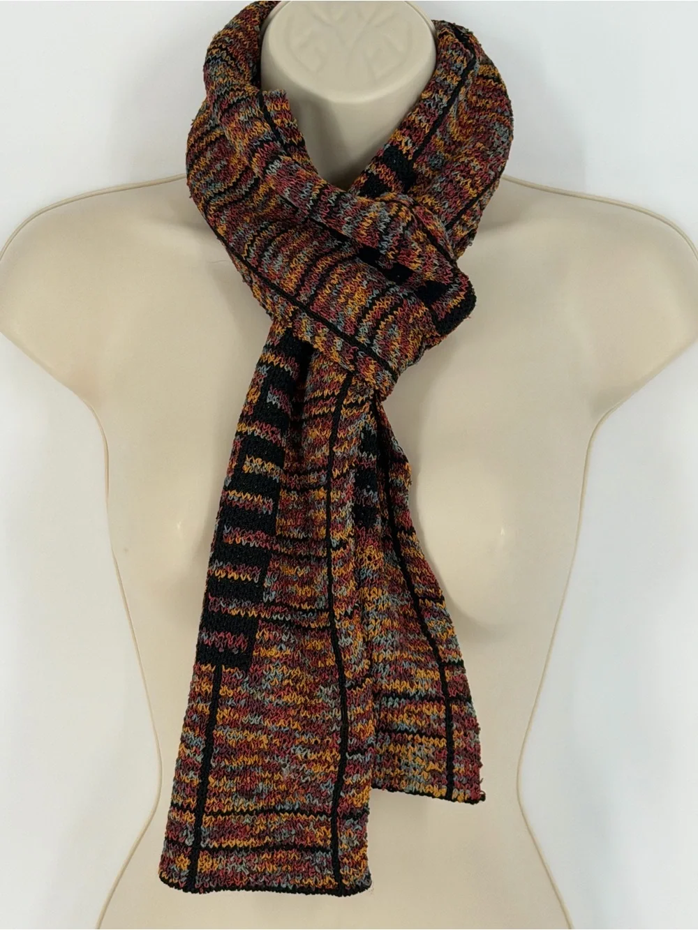 Fern Wayne Fiber Artist Art to Wear Geometric Knit Scarf Multicolor Lagenlook